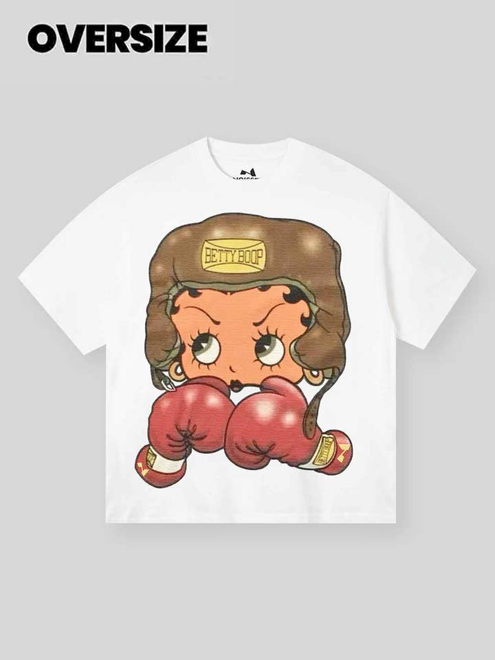 NOISSEY - Wholesale Screen printed t-shirt – unisex - Cartoon girl Boxing Print T-shirt