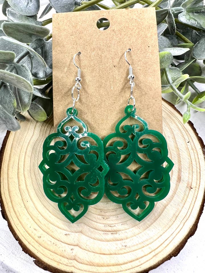 Green Scroll Acrylic Earrings for wholesale by Lindsey Lane Wholesale