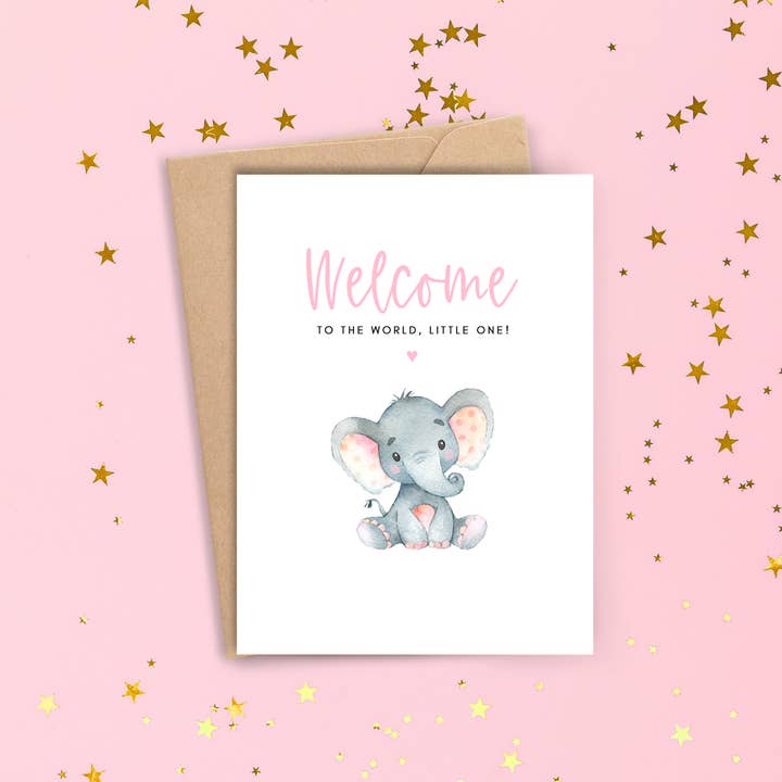 Welcome Baby Girl Card - Elephant - for wholesale by Cyndi and Sofi Designs