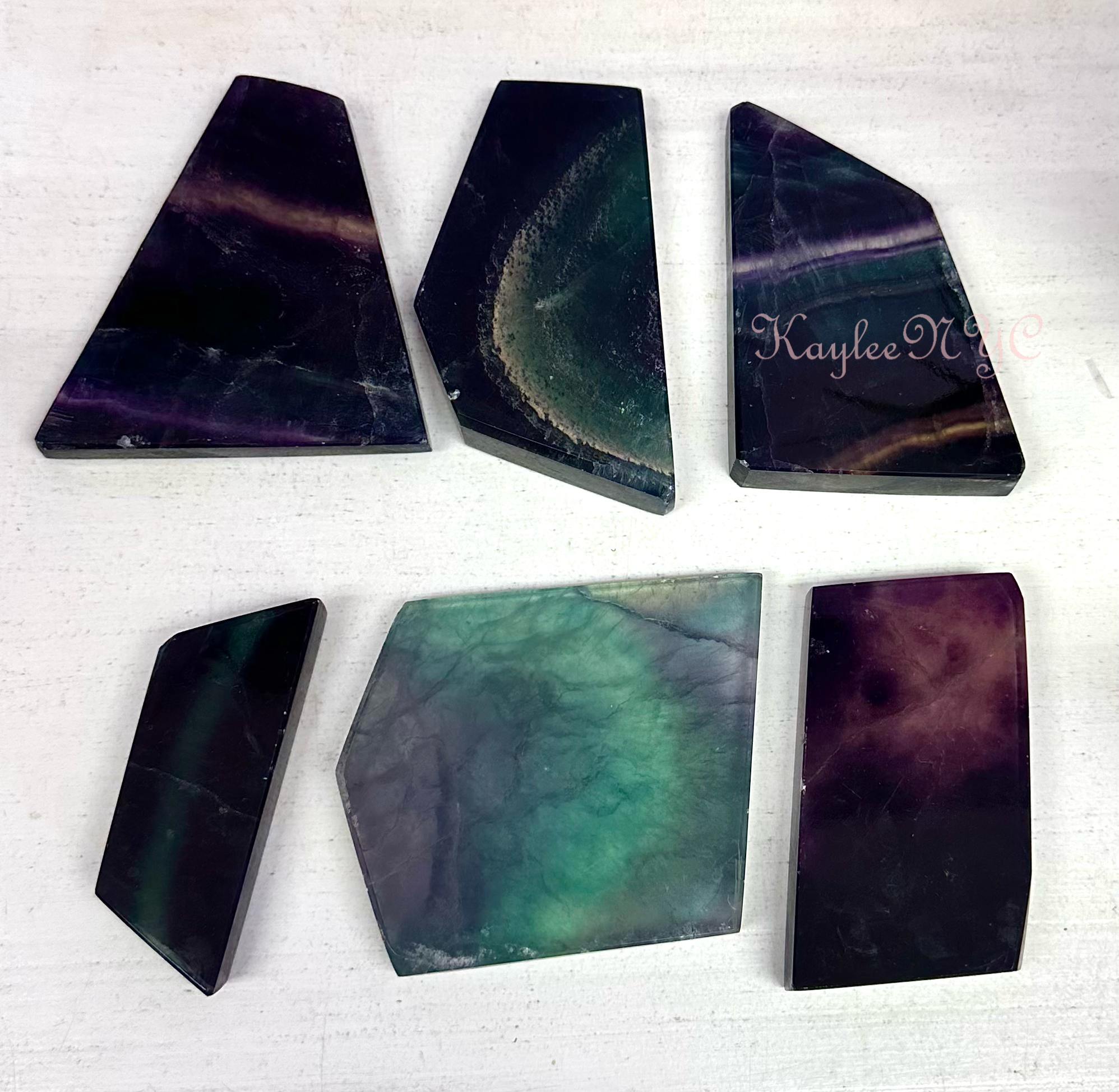 KayleeNYC - Wholesale Spiritual Stone/Crystal - 6 PCs Natural Rainbow Fluorite Polished Slab 1.9-2 lbs3