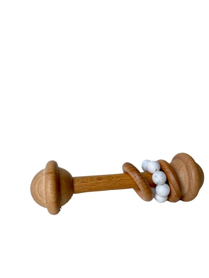 Large Wooden Two Ring White Speckle Silicone Rattle for wholesale by Made by Gabbee