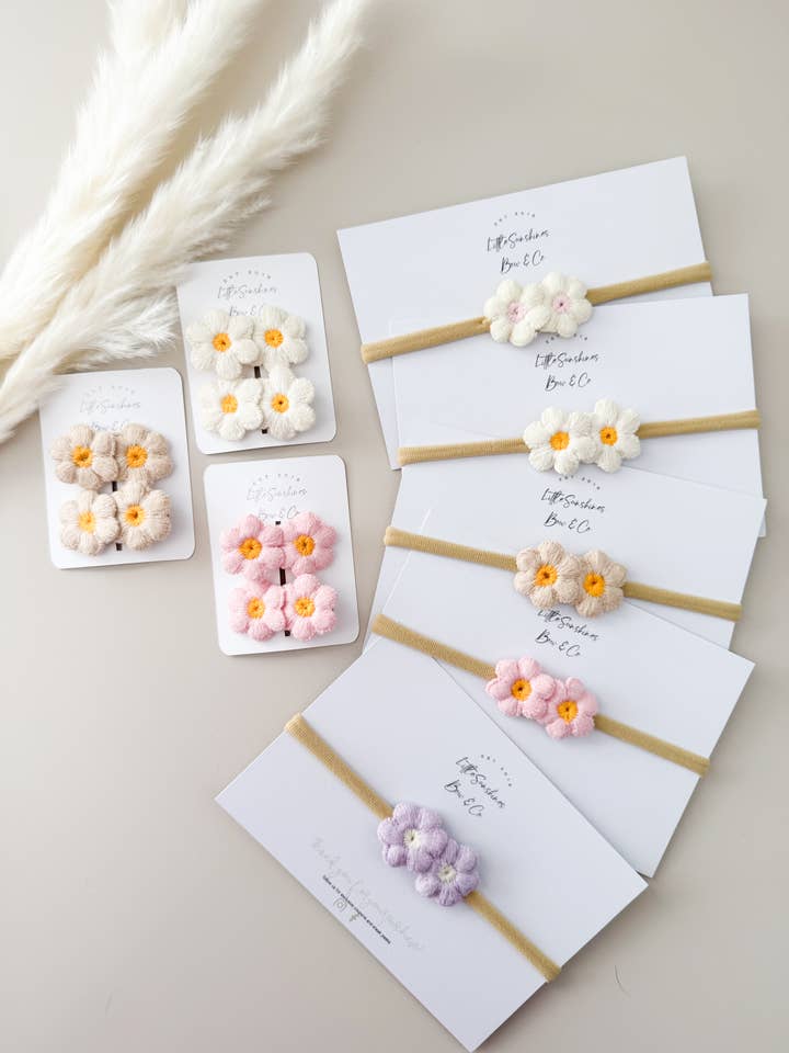 Neutral Color Crochet Flowers Hair Clips & Nylon Headband for wholesale by Little Sunshines Bow & Co