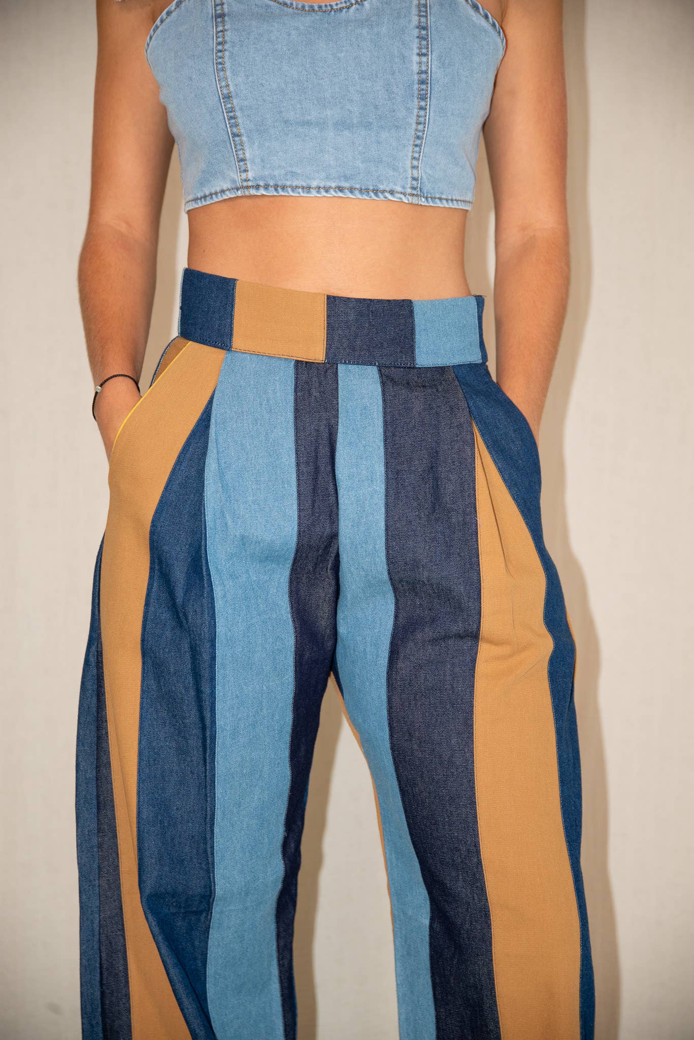 Gipcco Design - Wholesale Pants - Women's - Denim Striped Patchwork Pants – Straight Leg, Wide Fit1