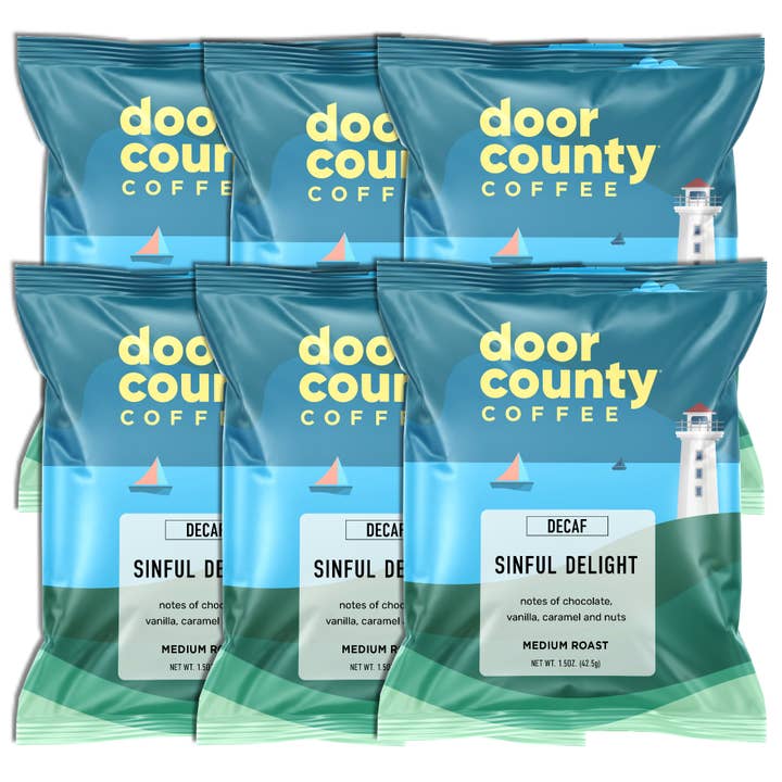 Door County Coffee - Wholesale Ground Coffee - Sinful Delight DECAF Flavored Coffee, 1.5oz, 6 pack