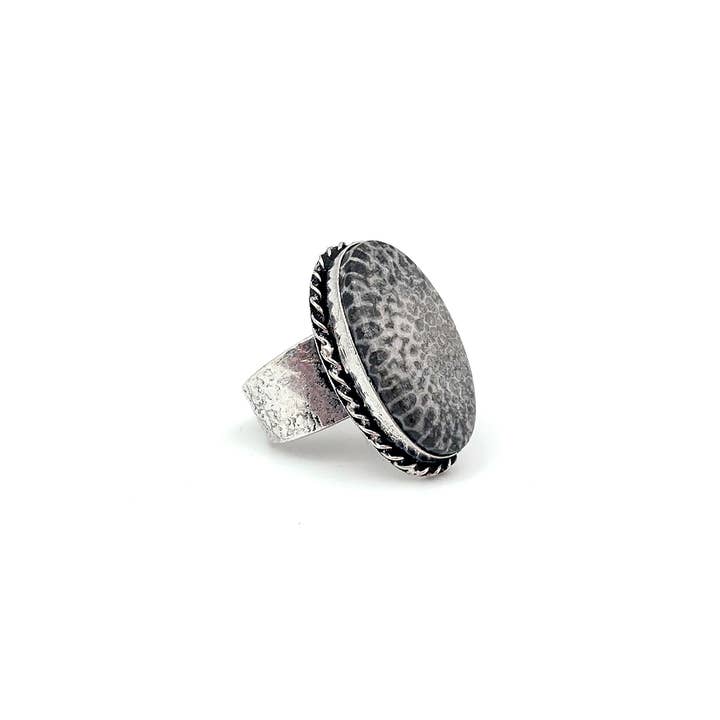 Anju Jewelry - Wholesale Cocktail/Statement Ring - Kashi Semiprecious Stone Ring - Black Fossil Coral