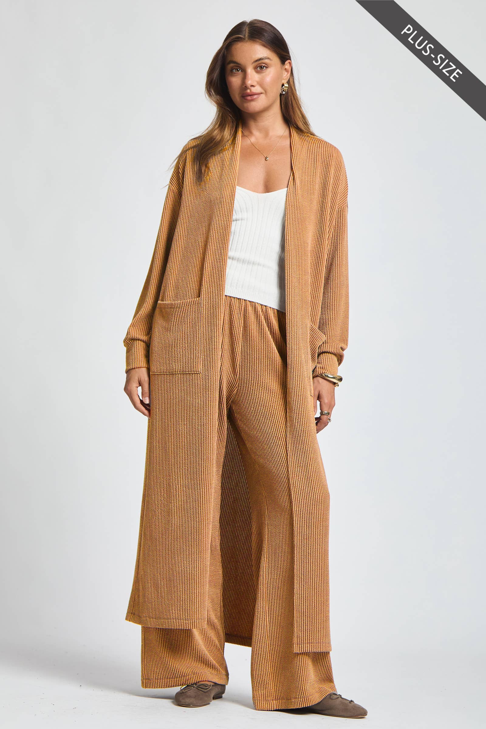 Dear Scarlett - Wholesale Top & Pant Set (NOT Loungewear) - Women's - PLUS SIZE Longline Cardigan + Relaxed Pants 2 Piece Set3