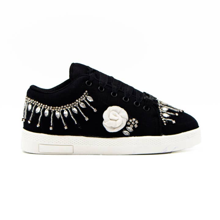 The Skylar Luxury Black Canvas Handmade Embellished Tennis Shoe | RETTROSE | for wholesale by RETTROSE
