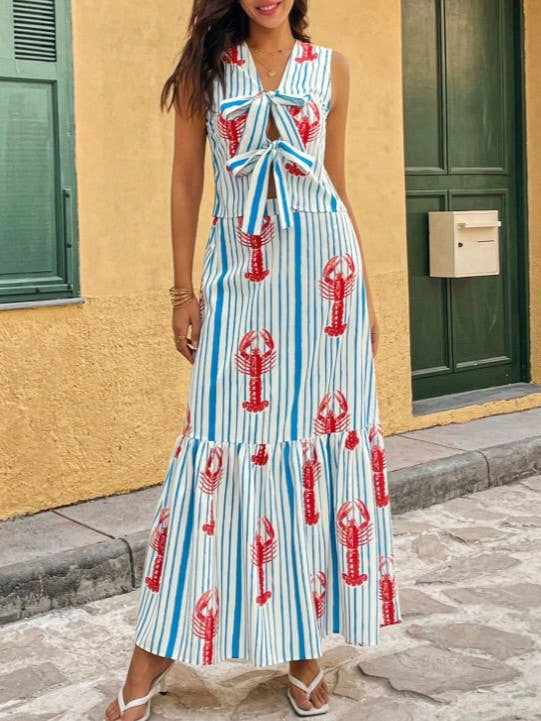 Blue Ariana Lobster & Stripe Print tie front tank top & skirt set for wholesale on Faire0