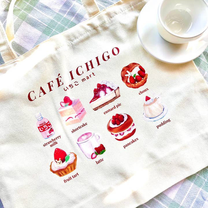 Cute Strawberry Cafe Tote Bag with Zipper for wholesale by Ichigo Mart
