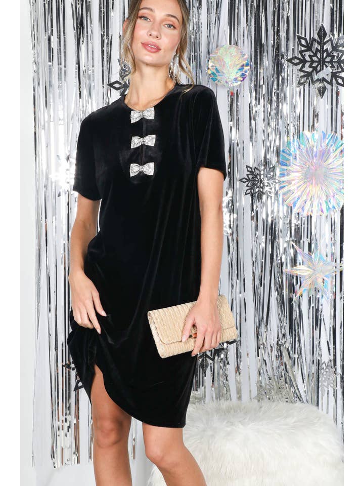 Vine & Love - Wholesale Dress - Women's - Sparkling Sequin Bow Embellished Velvet Dress VD8273725