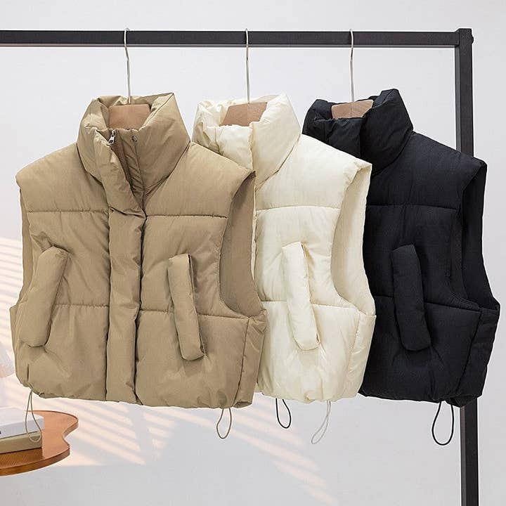 FurDecoration – wholesale Outerwear Vest - Women’s – Solid Color Stand Collar Thick Loose Short Cotton Vest2