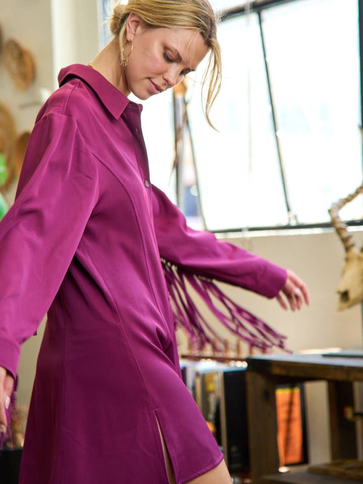 JADE BY JANE - Wholesale Dress – Women's - Western Fringe Trim Woven Shirt Dress JJD501711