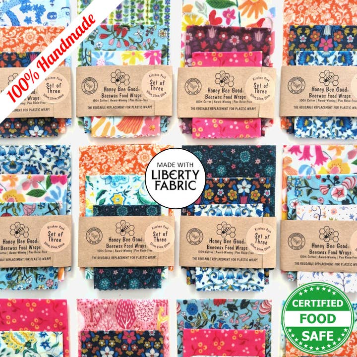 3 (L,M,S) HANDMADE Beeswax Wraps | Made with Liberty Fabric for wholesale by Honey Bee Good