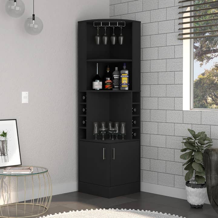 Cairo Corner Bar Cabinet,Doors,8Wine Rack,Black for wholesale by Depot E-Shop