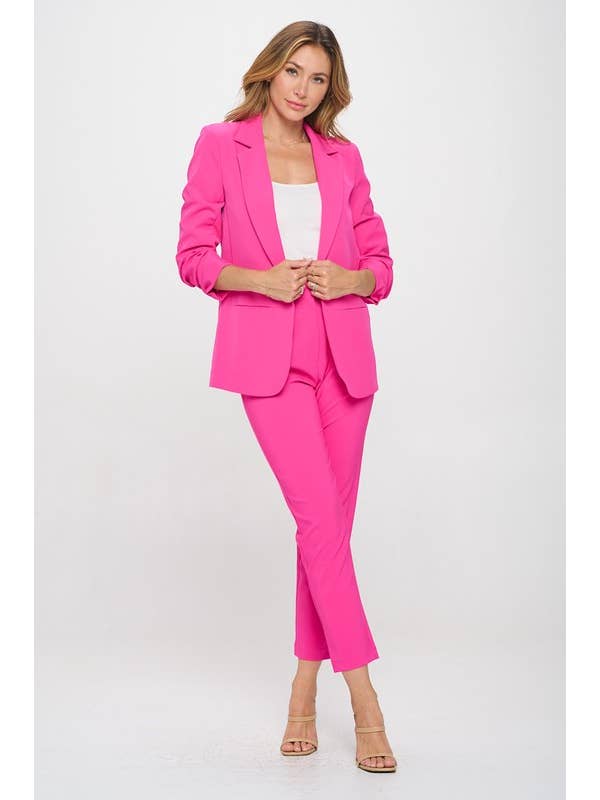 OVI - Wholesale Blazer - Women's - Ruched 3/4 Sleeve Blazer with Print Lining & Welt Pockets