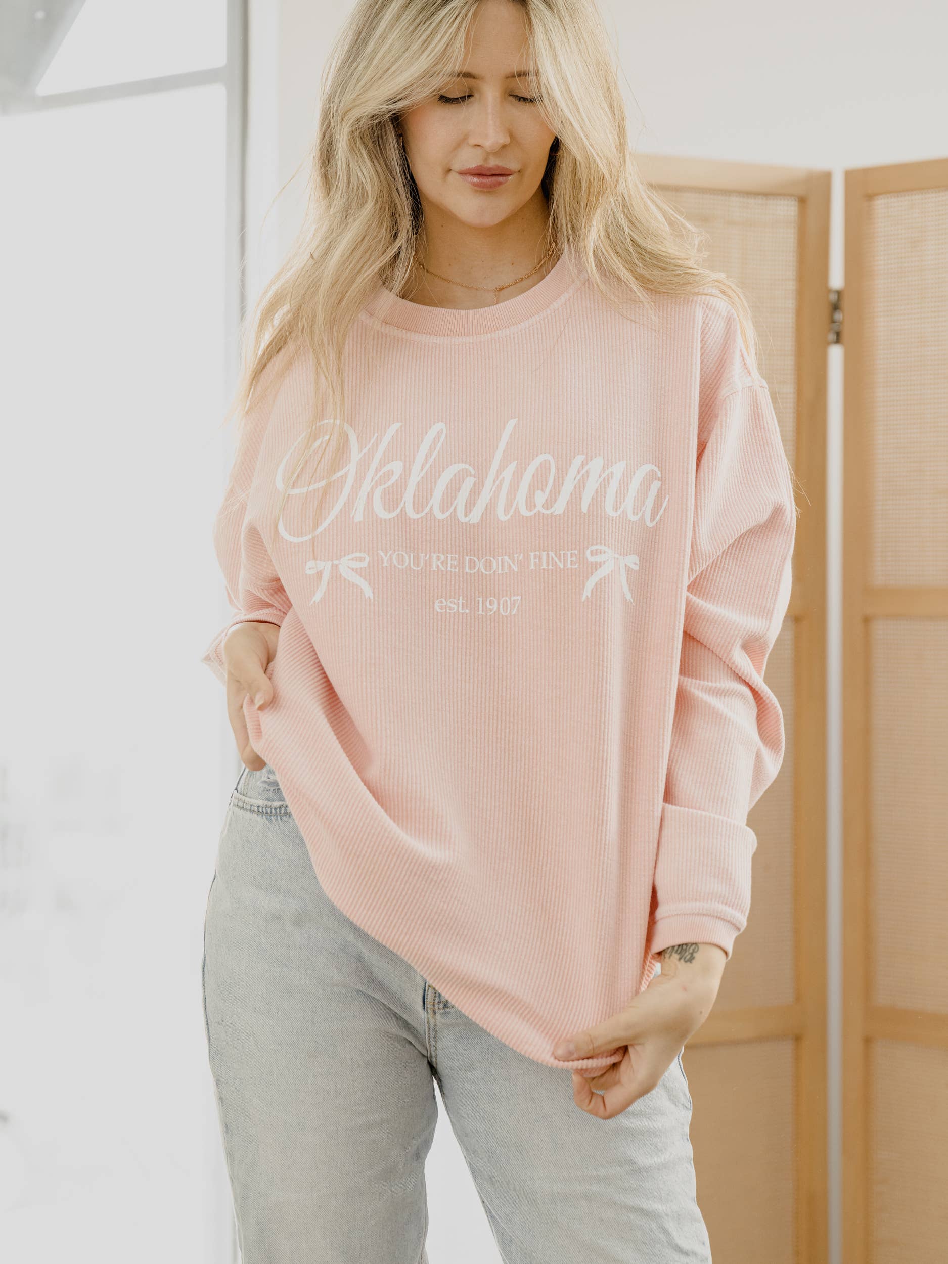 LivyLu - Wholesale Graphic Sweatshirt - Unisex - Oklahoma Est. Bows Pink Corded Crew Sweatshirt2