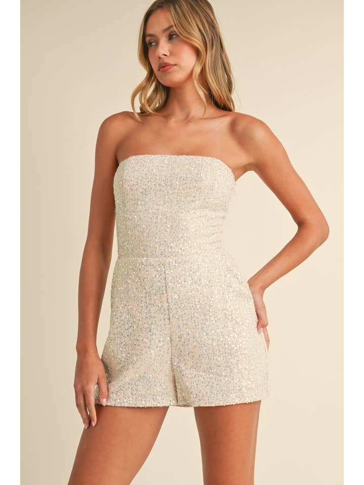 Klesis - Wholesale Romper - Women's - IR2136 SEQUINS TWEED LACE UP BACK STRAPLESS ROMPER