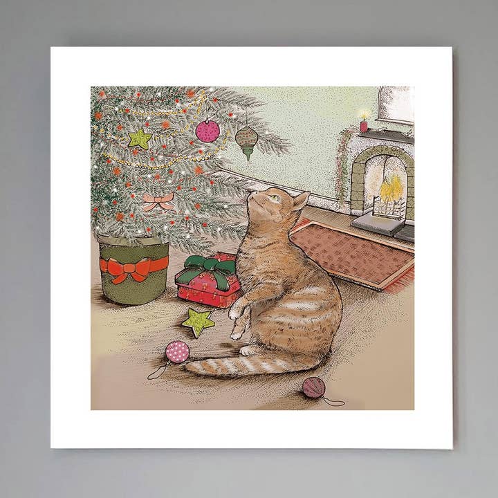 'Cat And Christmas Tree' Art Print for wholesale by Fay's Studio