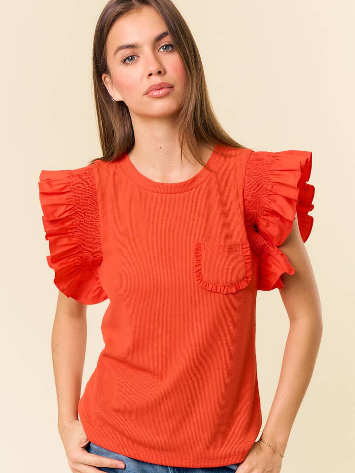 CrewNeck Popline Smocked Ruffle Cap Sleeve Top - 44298T for wholesale by Doe and Rae