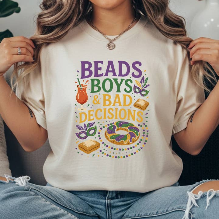 Pressed in Chaos - Wholesale Screen Printed T-Shirt - Women's - Beads, Boys & Bad Decisions Comfort Colors Tee | Mardi Gras Shirt0