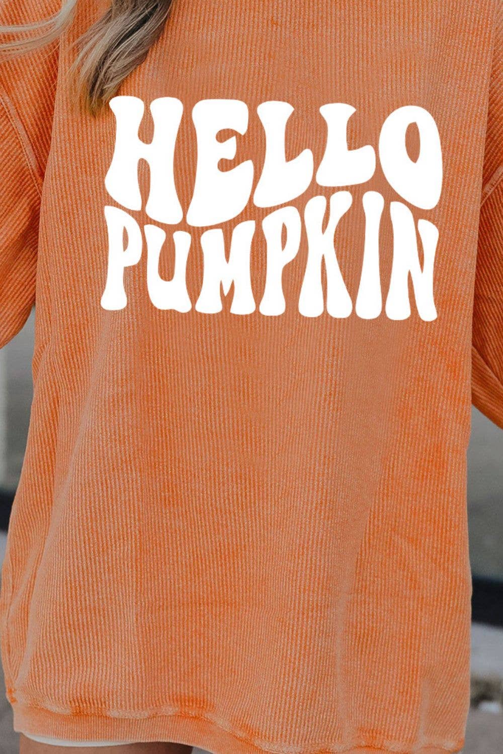 The Loki Shop - Vendita all'ingrosso Felpa stampata - Donna - Felpa cordata arancione con scritta Hello Pumpkin2