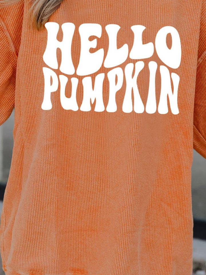 The Loki Shop - Wholesale Graphic Sweatshirt - Women's - Hello Pumpkin Corded Sweatshirt In Orange2
