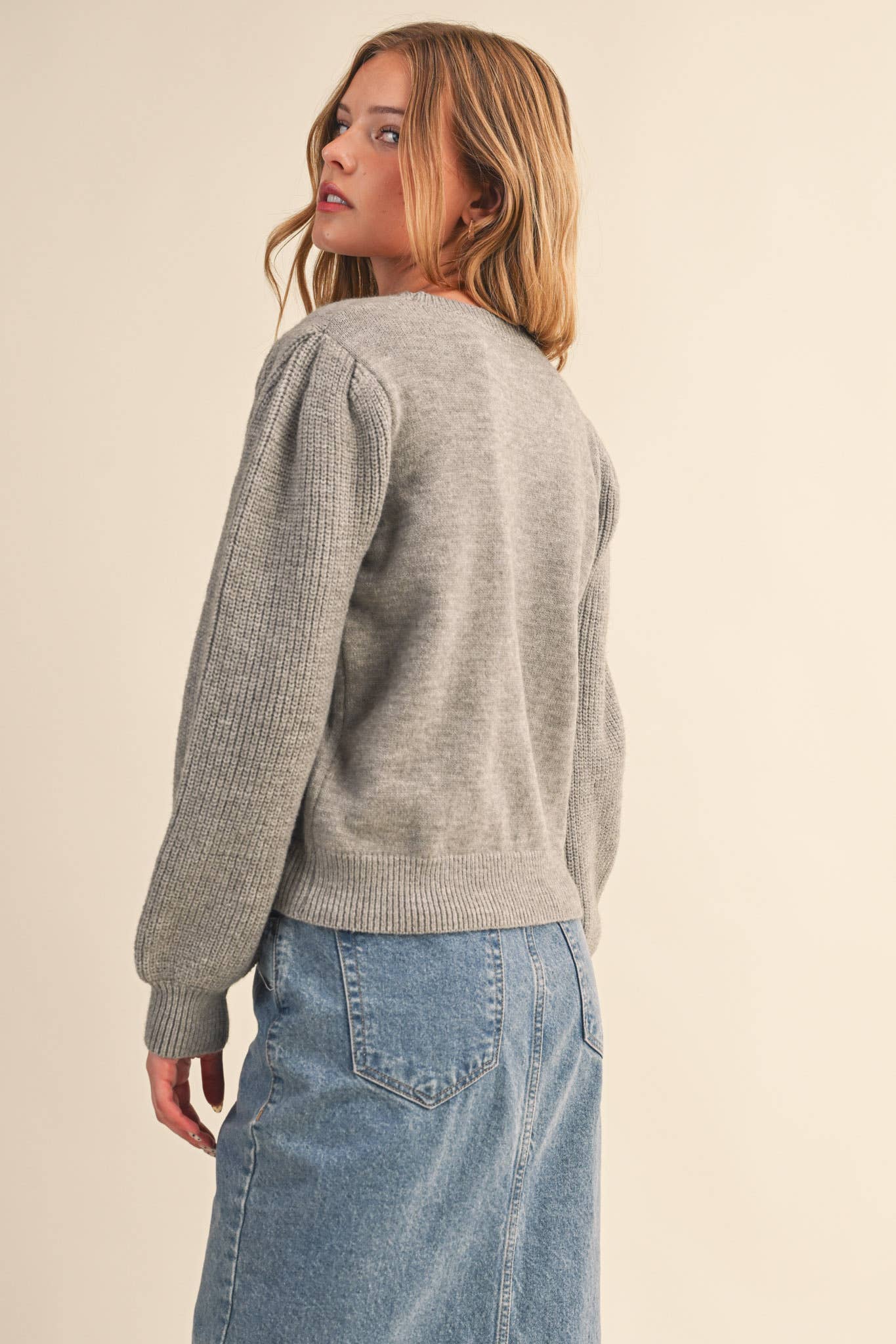 &MERCI - Wholesale Knit Sweater - Women's - RIBBED PUFF SLEEVE SWEATER MSW1095129