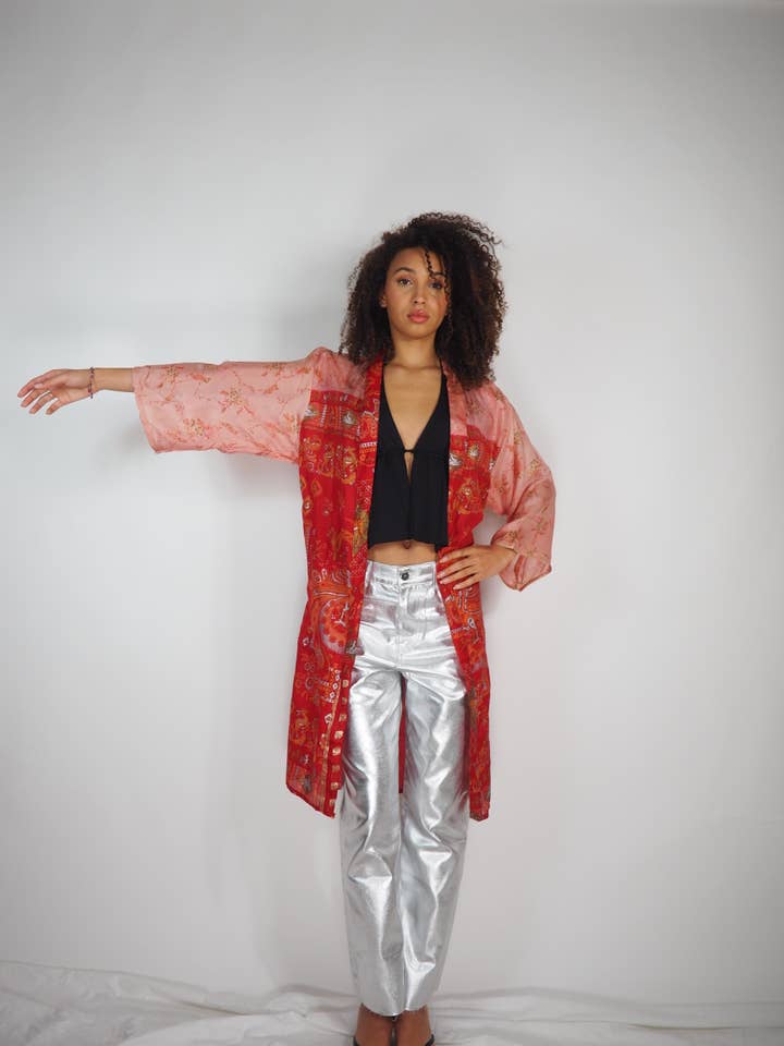 Vagabond Ibiza - Wholesale Kimono - Women's - The Kardash Kimono Mid-Length – Upcycled Vintage Sari Kimono41