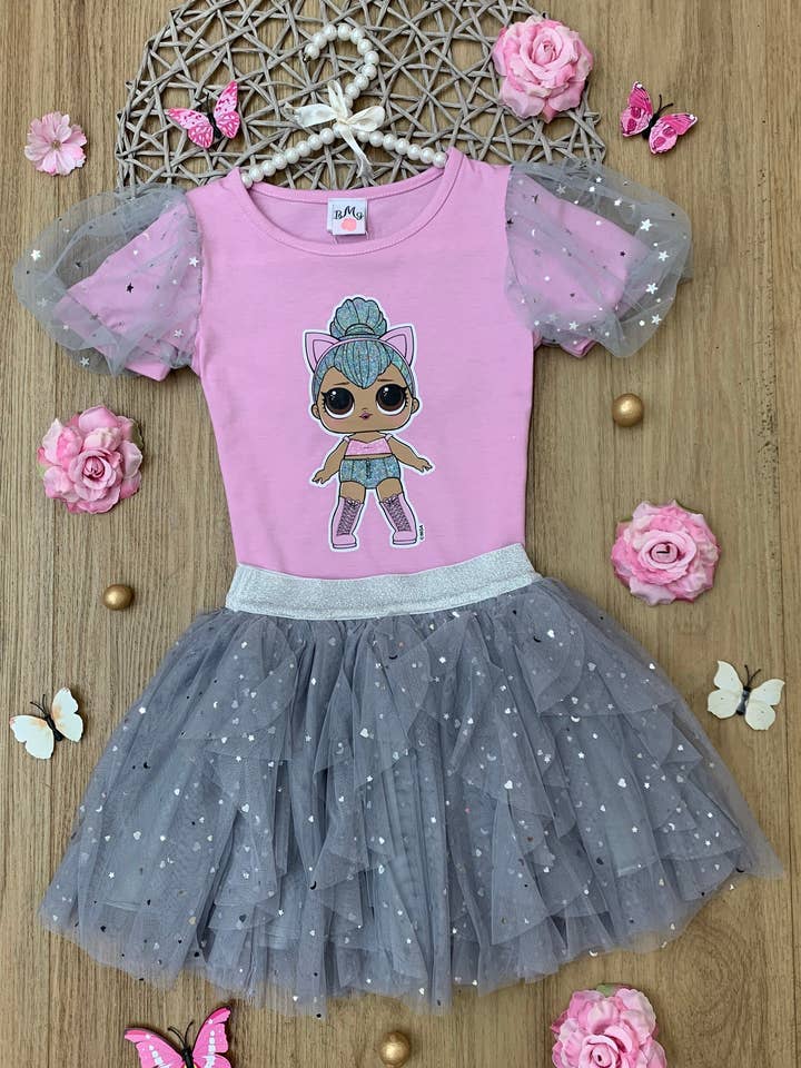 Pink L.O.L. SURPRISE! x Mia Belle Girls Kitty Queen Sparkle Tulle Skirt Set for wholesale on Faire