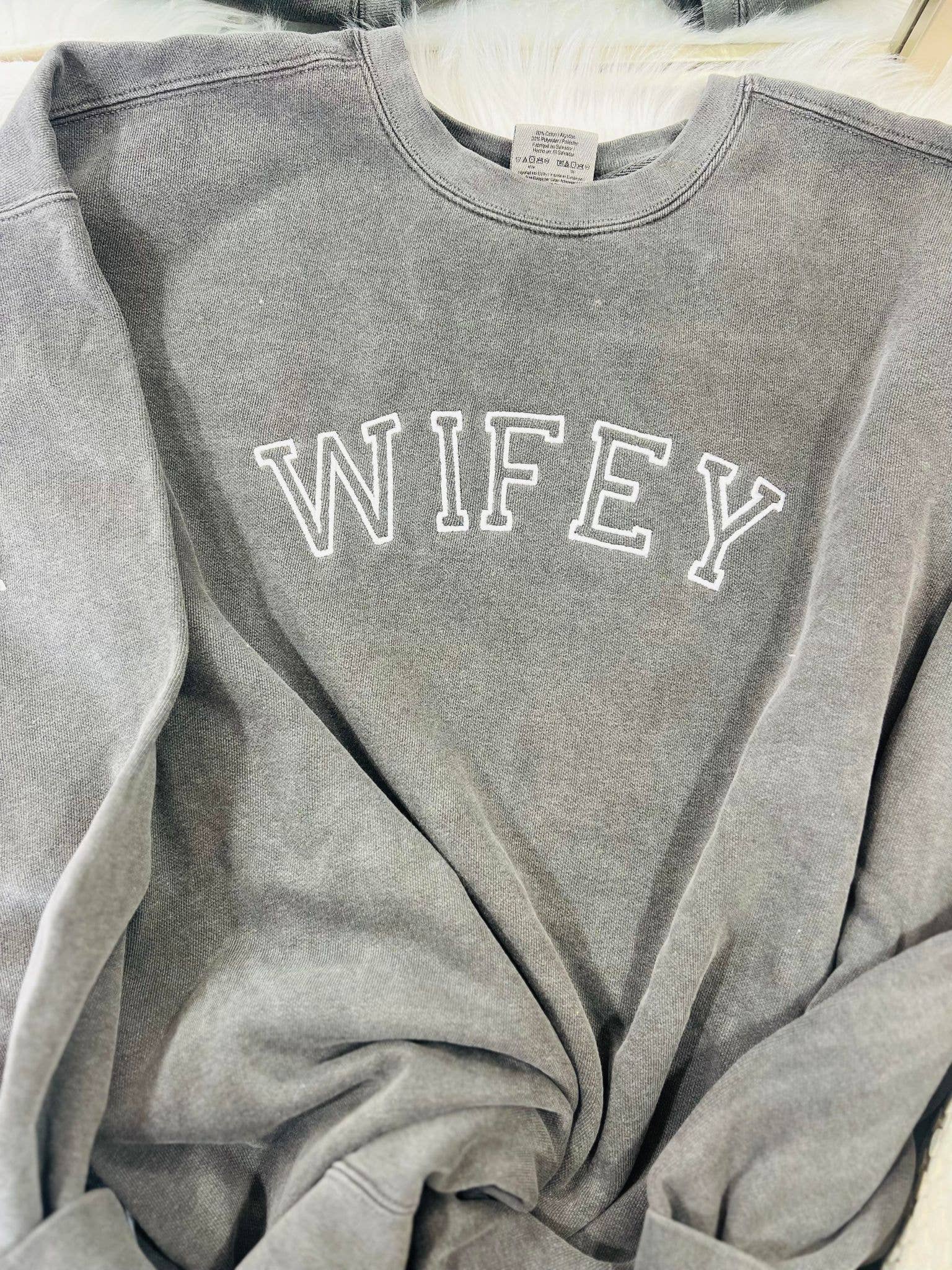 PEPPER Wifey Embroidered Comfort Color Sweatshirt for wholesale on Faire1