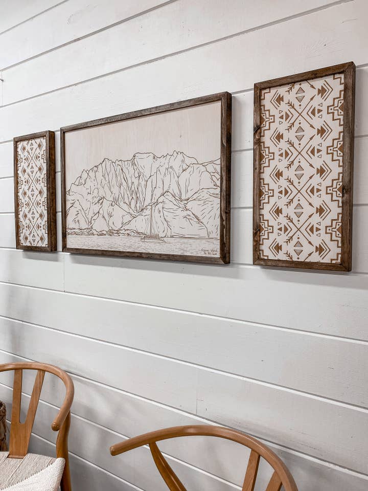 3 Piece Hand Sketched Kawaii Island Na Pali Coast Wood Artwork with Aztec for wholesale by Birch and Home Handmade