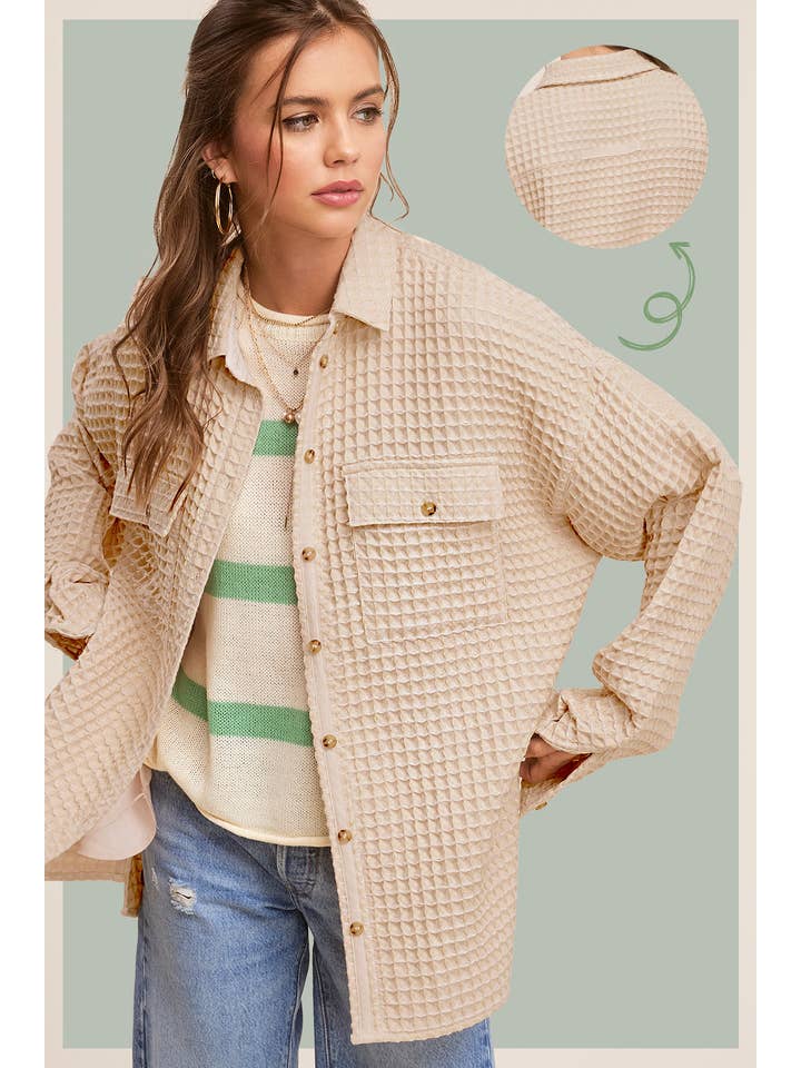 La Miel - Wholesale Shirt Jacket/Shacket - Women’s - JKT1793-Unique Waffle Textured Oversized Button Down Shacket19