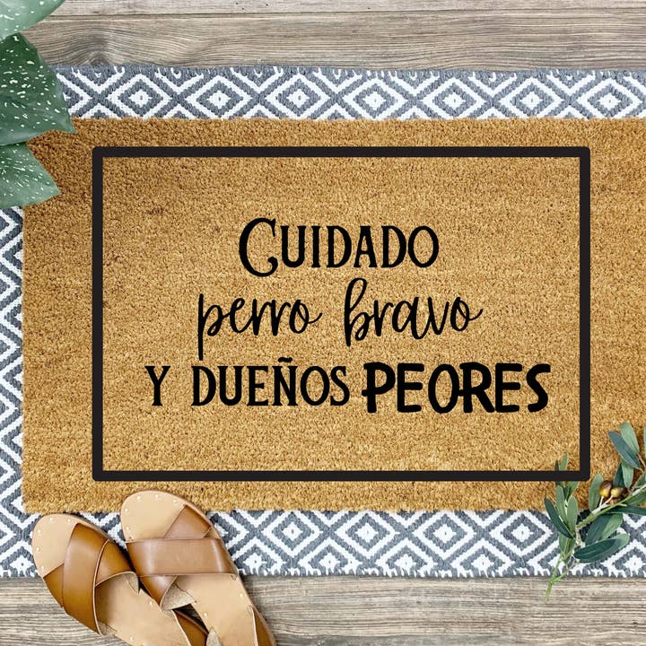 Cuidado: Perro Bravo y Dueños Peores Doormat - Funny Handmade Mexican Welcome Mat, 18x30 Coir for wholesale by Bloom Designs