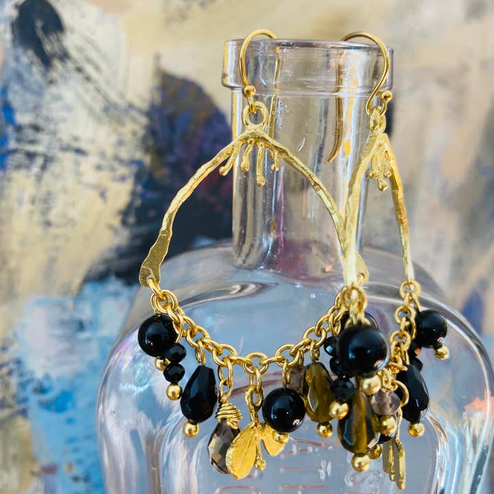 Gemstone Dangle Earrings "Wishbone" onyx/smoky/black/browns for wholesale by Waterlily