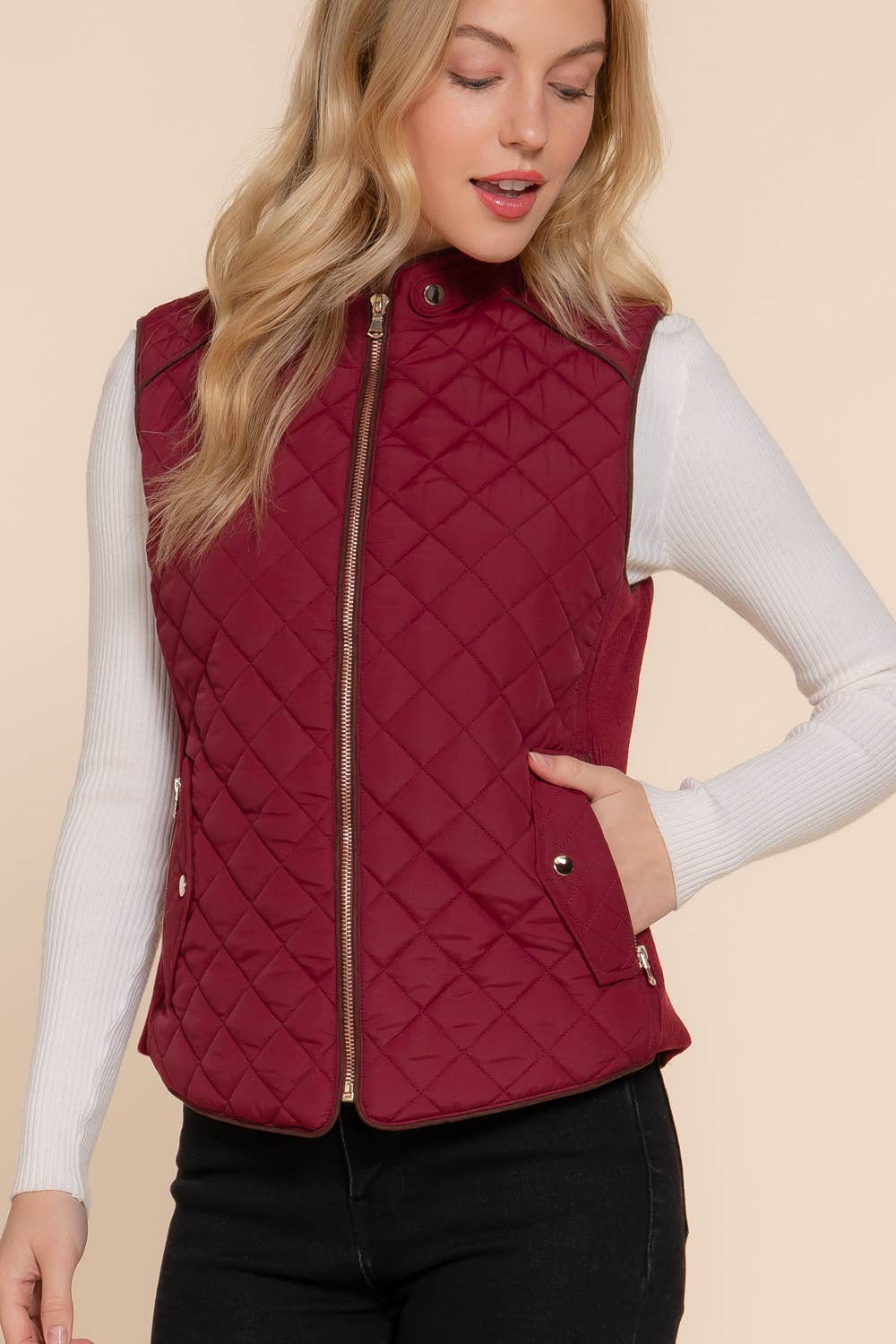 Active Basic | Active USA - Wholesale Outerwear Vest - Women's - Suede Piping Detail Rib Quilted Padding Vest41