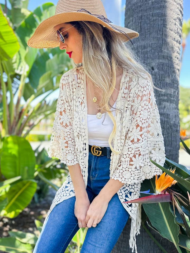 Ivory Floral Crochet 3/4 Sleeve With Tassel Kimono for wholesale on Faire