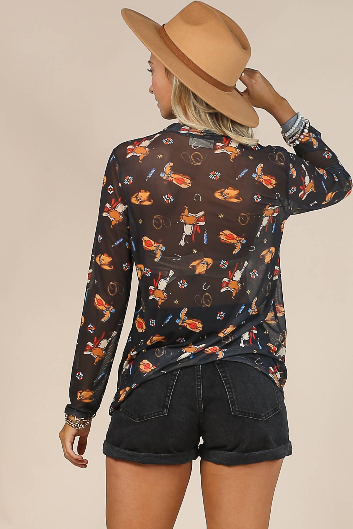 BLACK MUSTARD AV1230-SANDY WESTERN PRINT MOCK NECK MESH TOP for wholesale on Faire8