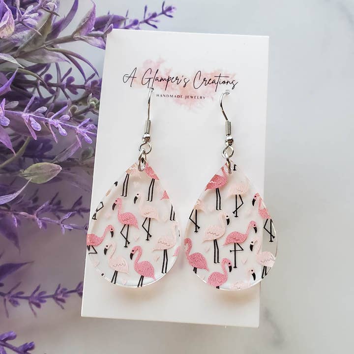 Flamingos Teardrop Acrylic Earrings for wholesale by A Glamper's Creations LLC