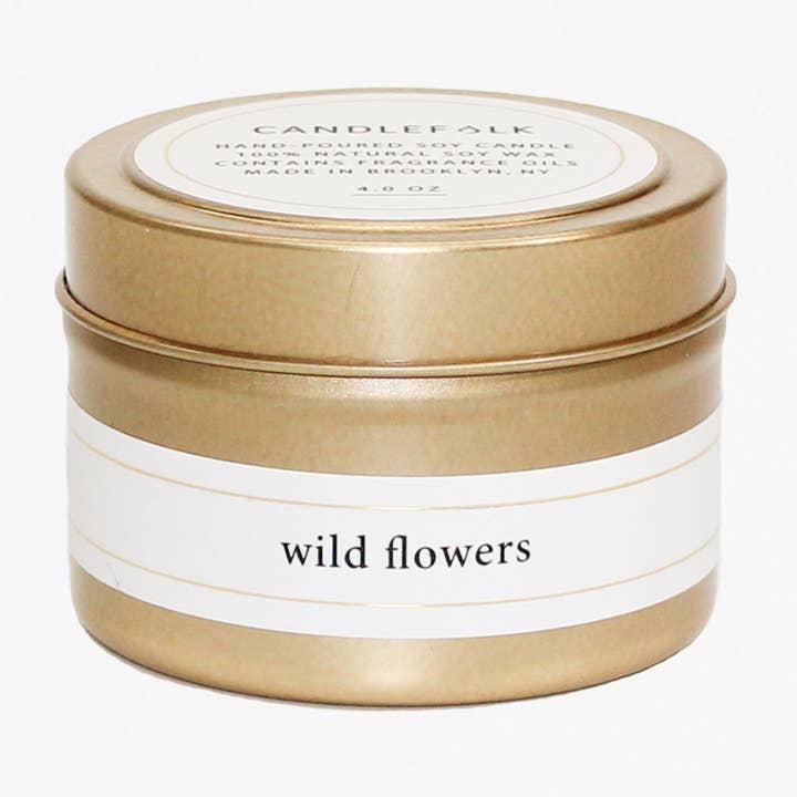 Wild Flowers - 4 oz Gold Travel Candle for wholesale by Candlefolk