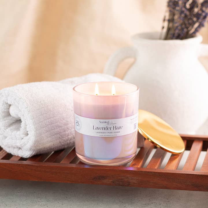 Lavender Haze-13 oz Iridescent Lilac Glass Vessel/Soy Candle for wholesale by Scented By Shayian
