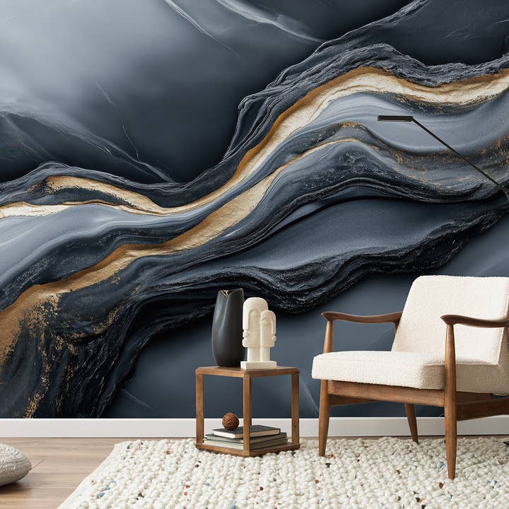 Mörkblå Marmor Tapet, Guldglittrande Självhäftande Väggmålning för wholesale av SimurgWallArts