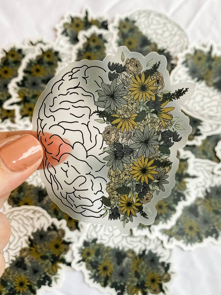 Duidelijke sticker voor geestelijke gezondheid | Floral Brain Sticker voor wholesale door Detty Designs