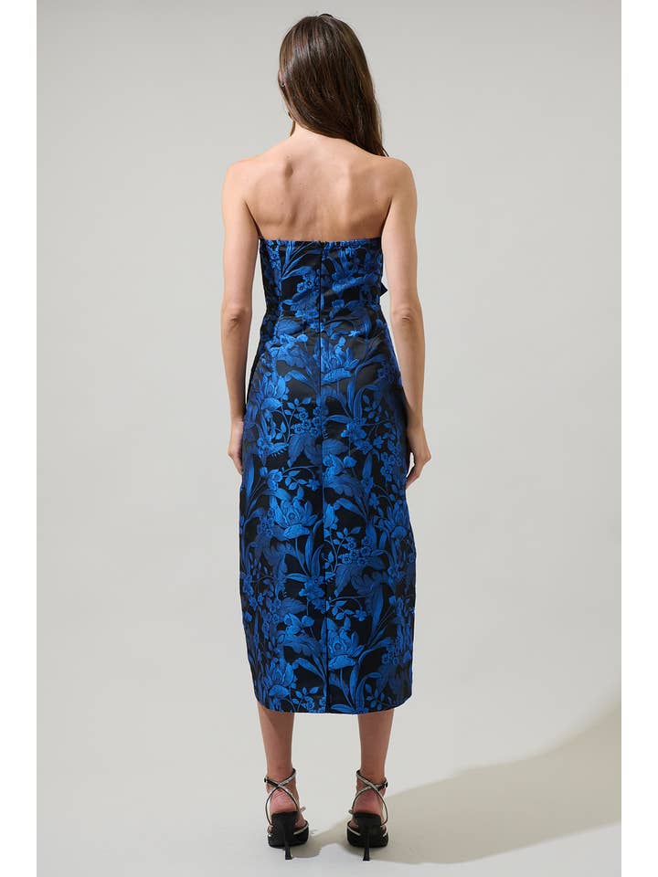 Noir cobalt Robe midi sans bretelles à nœud Lola en jacquard fleuri Vernonia en vente sur Faire