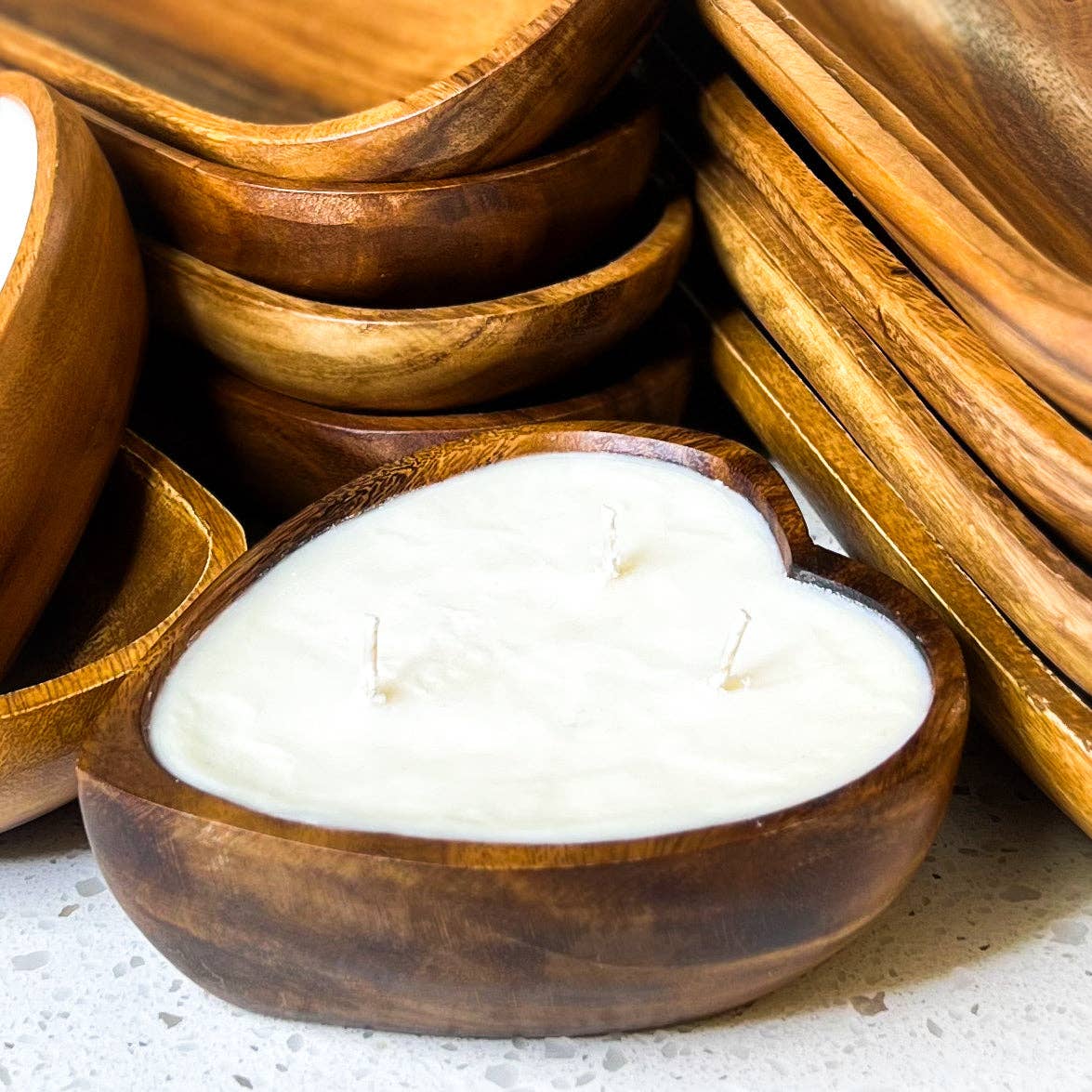 Wood Bowl Candle Supply - Wholesale Candle Holder - BOHO Candle Ready Acacia Wood 6" x 6" Heart Vessel1