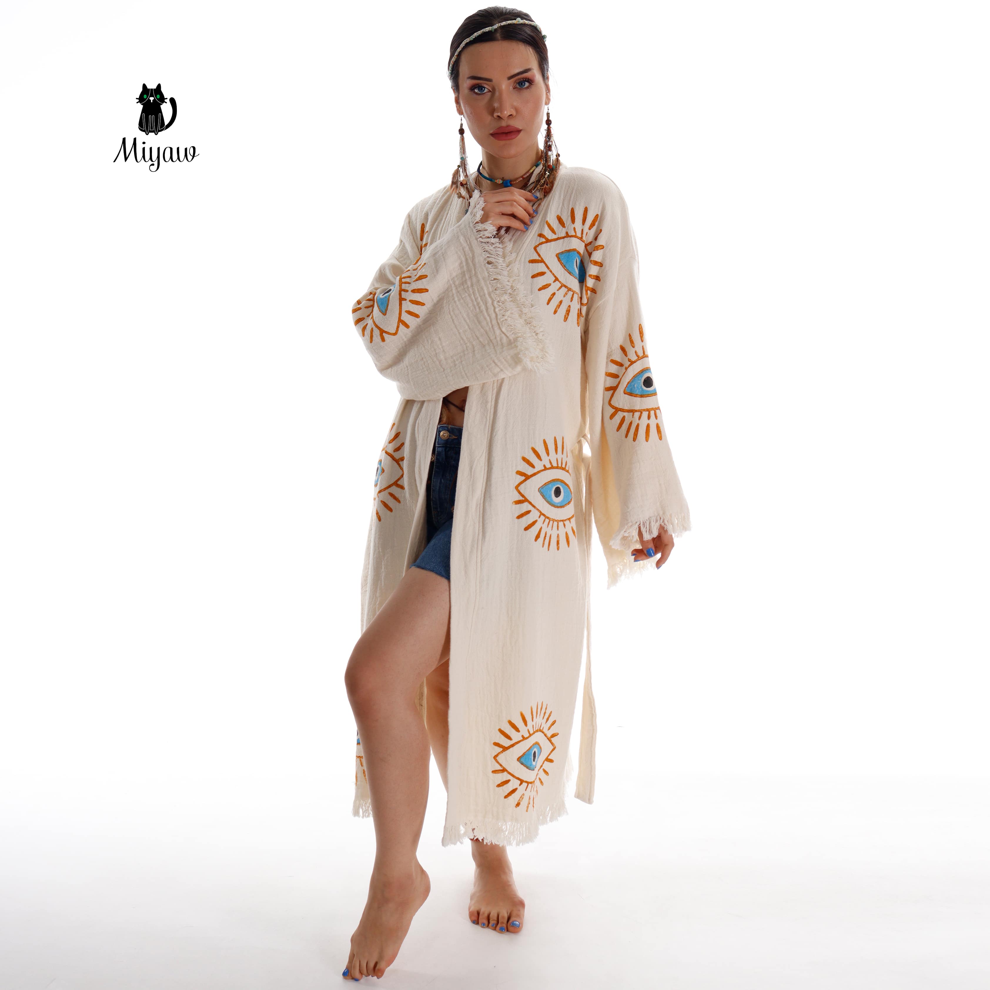 Beige Evil Eye Handmade Cotton Kimono Robe - Eco-Friendly for wholesale on Faire3