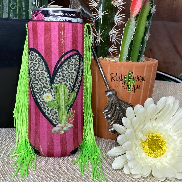 Slim Cheetah Heart Cactus Neon Fringe Koozie for wholesale by RAD Wholesale