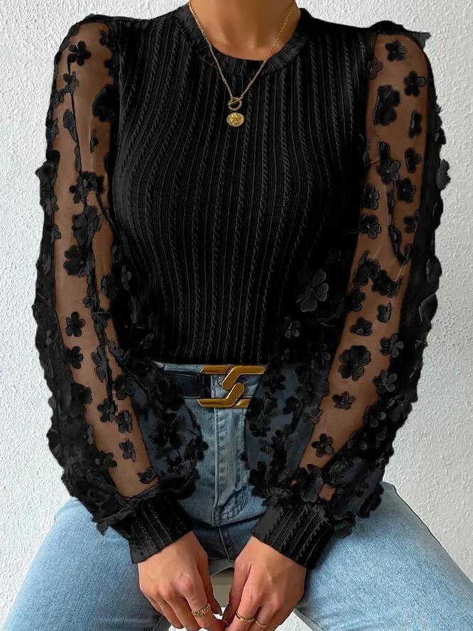 FULL TIME PURCHASE - Wholesale Blouse - Women's - Floral Applique Mesh Sleeves Textured Knit Blouse