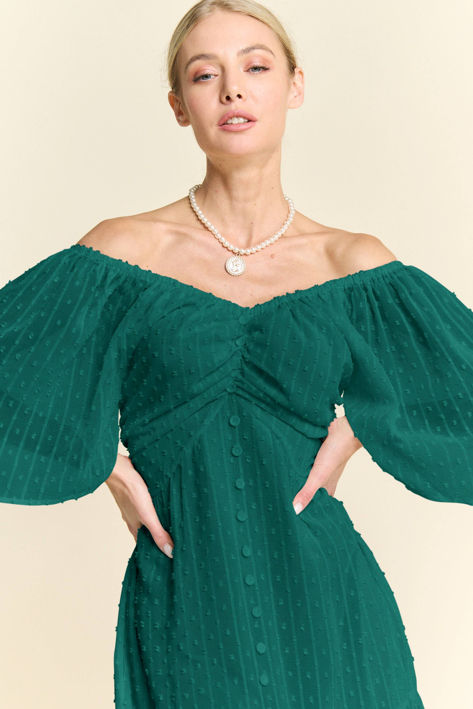 Davi & Dani – wholesale Dress – Women's – SWISS DOTTED RUCHED RUFFLE OPEN BACK MIDI DRESS13