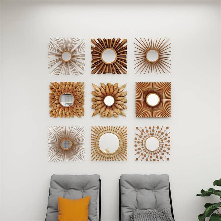 Bronze Gold Metal Starburst Wall Mirror - Set of 9 for wholesale by Will's Company