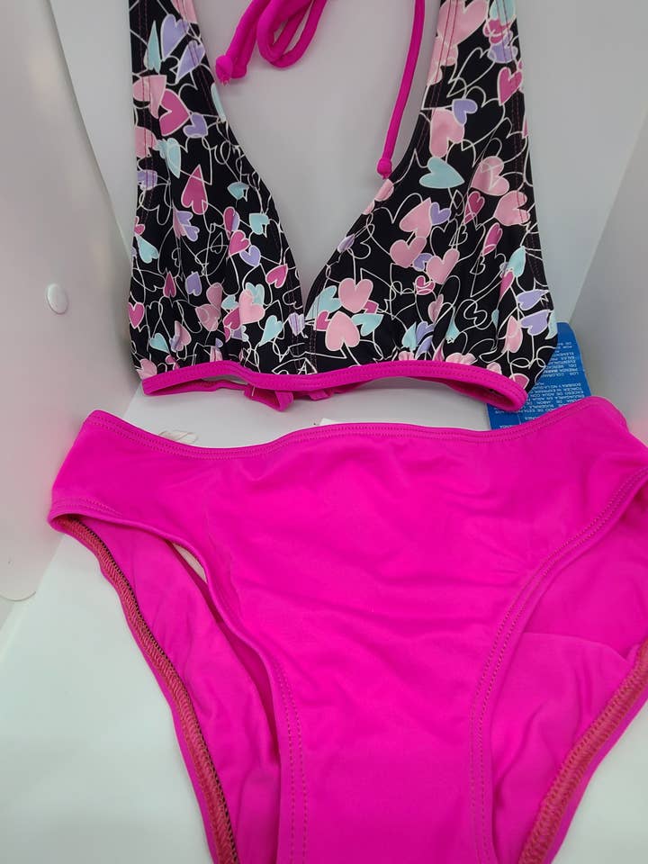 Bikini en forma de corazón rosa neón para niñas adolescentes, bonito traje de baño para venta al por mayor de Sassy Bubbles